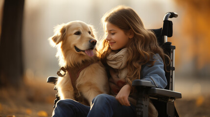 A Small Girl With Disabilities Is Spending Time With Her Lovely Dog While Sitting In A Wheelchair