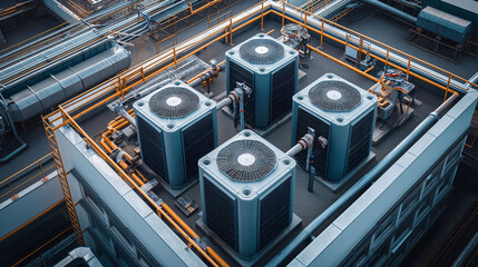 Industrial air conditioning units on a rooftop with a network of pipes and ducts.