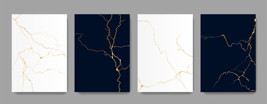 Kintsugi golden cracks texture on marble, backgrounds with pattern for vector tile. Broken marble effect with gold foil lines of crackles in black and white stone, Kintsugi or Kintsukuroi ceramic art