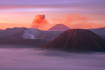 Magical view of the erupting Bromo volcano at sunrise. Java Island, Indonesia