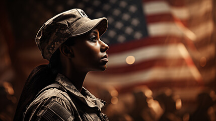 Patriotic soldier in uniform with American flag in background, representing service and dedication. - obrazy, fototapety, plakaty