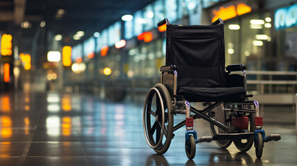 A Wheelchair Inside An Empty Airport Terminal  - obrazy, fototapety, plakaty