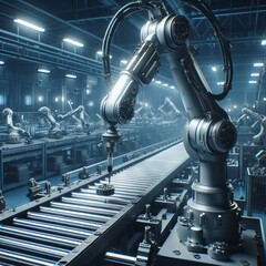Robotic arm at work in the factory - obrazy, fototapety, plakaty
