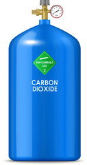 Realistic gas cylinder with carbon dioxide, compressed gas metal balloon. Isolated vector blue, durable container filled with non-flammable CO2 content, suitable for industrial or medical purposes