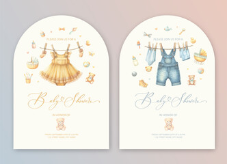 Cute baby shower watercolor invitation card for baby and kids new born celebration with baby dress and toys.