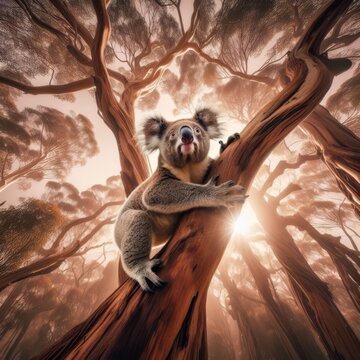 Koala bear walks around the heights in eucalyptus tree, Australian outback

