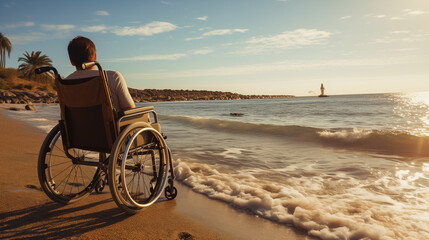 A Young Man In A Wheelchair is Enjoying a Tranquility Of The Sea While Staying At The Beach