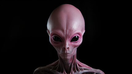 3D rendering of humanoid alien with large eyes and a pinkish complexion against a black background.
