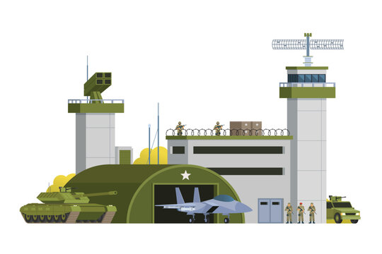military base scene with tank, jet, soldiers clip art preview