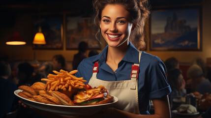 Smiling waitress serving food in bustling diner, with a plate of fries and sandwich, cozy ambiance.