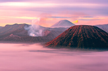 Magical view of the erupting Bromo volcano at sunrise. Java Island, Indonesia