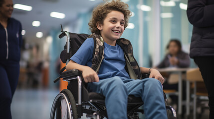 Fototapeta na wymiar A Small Boy Is Riding A Wheelchair In Hospital Corridor After A Serious Surgery 
