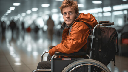 A Disabled Man In A Wheelchair Is Waiting For His Flight At Bustling Airport Terminal