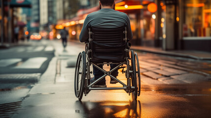 A Disabled Man In The Wheelchair Riding Along The City Street Alone