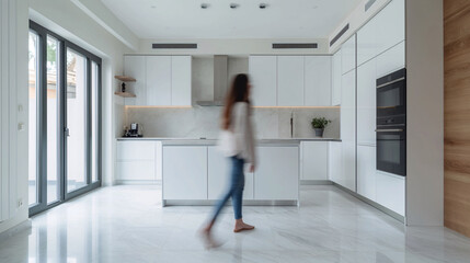 Blurred motion of a woman walking in a modern kitchen with white cabinets and wooden accents.