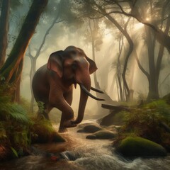 Indian elephant walks through the monsoon forest of Asia
 - obrazy, fototapety, plakaty