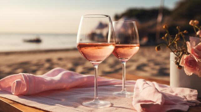 Two glasses of ros&eacute; wine on a beach picnic at sunset, with soft focus background.