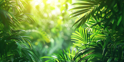 A lush green jungle with a bright sun shining through the leaves