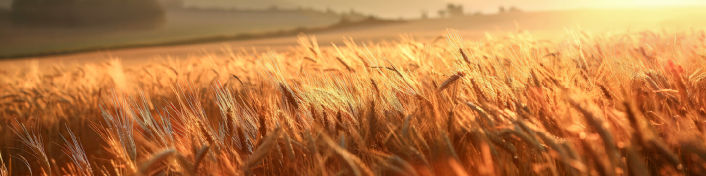 A field of golden wheat with a bright sun in the background