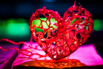 3D Printed Red Heart of Intricate Lace and Glowing Luminescent Lights Placed on a Popup Book