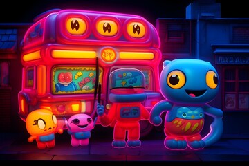 Vibrant Cartoon Illustration Cute Alien Monsters at a Neon-Lit Bus near a Magical Toy Store at Night