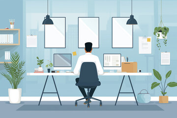 Businessman seated on a chair and working with a laptop computer device in minimalist office workspace background, business infographics elements, man works at office, work from home freelance concept
