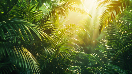 A lush green jungle with sunlight shining through the leaves - obrazy, fototapety, plakaty