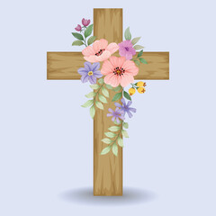 Wood crosses decorated with flowers, Easter religious symbol