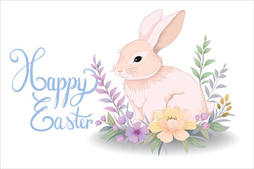 Happy Easter. Cute Easter bunny with flowers for decoration.