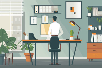 Businessman standing in a minimalist office workplace background, business infographics elements, man works at office vector illustration, work from home freelancer concept, employee cartoon character