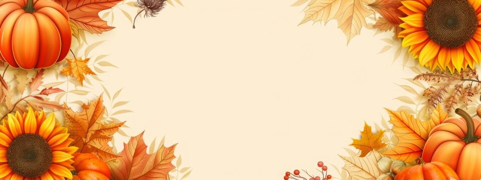 Autumn festive background. Joyful banner with warm seasonal colors. composition of pumpkins. fall leaves and sunflowers. Thanksgiving season banner.