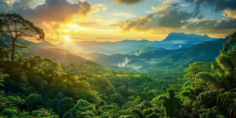A lush green forest with a beautiful sunset in the background