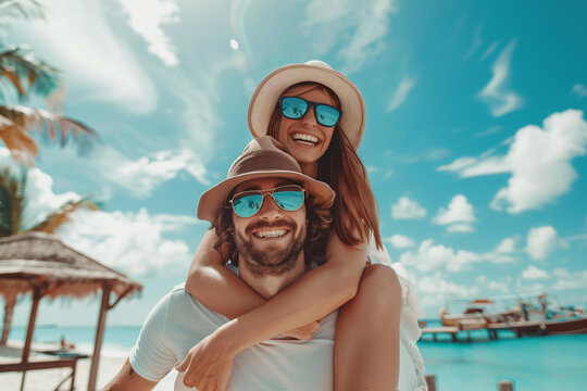 Photo of a young couple having fun together at the seaside. The man is carrying the woman on his back, wearing sunglasses and a hat.