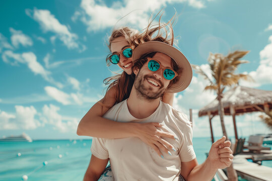 Photo of a young couple having fun together at the seaside. The man is carrying the woman on his back, wearing sunglasses and a hat.