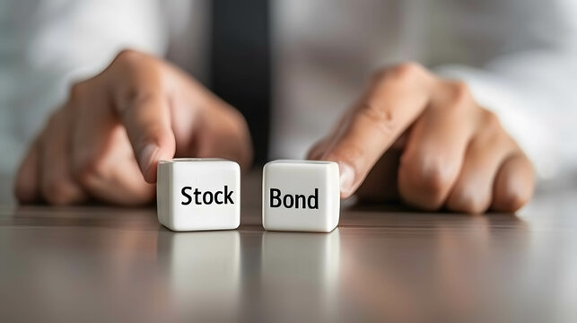 Cube on the table with word “Stock” and “Bond”, selecting or diversifying investments in stocks and bonds, risk and portfolio management concept