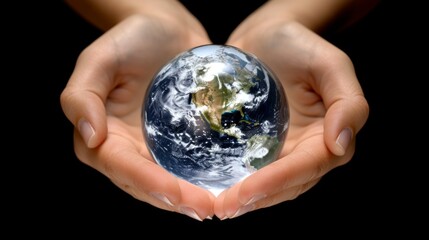 Hands holding crystal glass earth globe