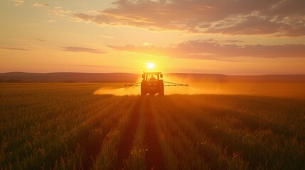 Fototapeta premium Tractor spraying pesticides on soybean field with sprayer at sunset