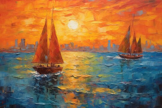 Impressionistic Sailboats Painting - Ocean Sunset