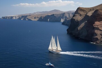 Neoclassical Sailboat Sailing in Ocean near Cliff, Blue Sky and Clouds