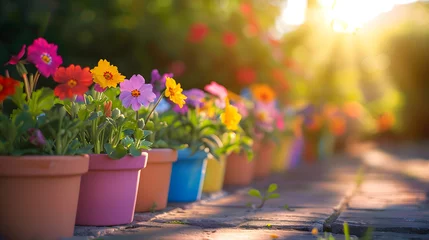 Fototapeten Colorful pansy flowers in flowerpot on the ground at sunset © Andsx