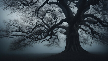 Tree Standing Alone in a Misty Field at Twilight