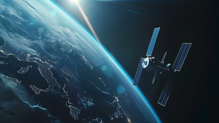 View of a Space station flying over the planet Earth 3d rendering