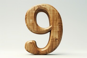 Cute wooden number 9 or nine as wooden shape, white background, 3D illusion, storybook style. 