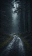 Winding Forest Road Through Misty Woods at Dawn