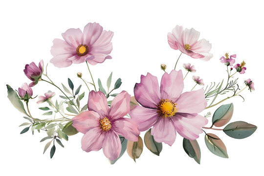 Beautiful cosmos flowers isolated on transparent background, PNG. Vintage watercolor with empty space for copy text. Flowers for wedding invitation and for postcard design