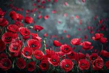 Red poppy flowers on a black granite background. The poppy is a symbol of memory of the fallen. Memorial Day in the USA. Copy space