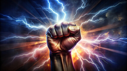 digital illustration of a fist with lightning emanating from it, colored in shades of yellow, orange, and red - obrazy, fototapety, plakaty
