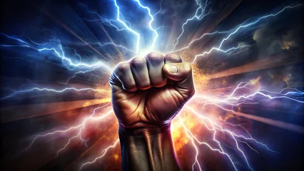 Foto op Plexiglas digital illustration of a fist with lightning emanating from it, colored in shades of yellow, orange, and red © Tulsi