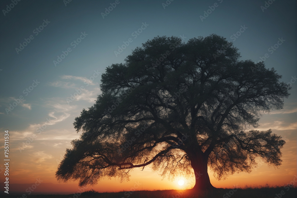 Wall mural sun setting behind a large tree