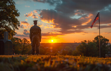 military man, soldier at a military cemetery. A moment of silence in honor of the fallen soldiers. Memorial Day in the USA - obrazy, fototapety, plakaty